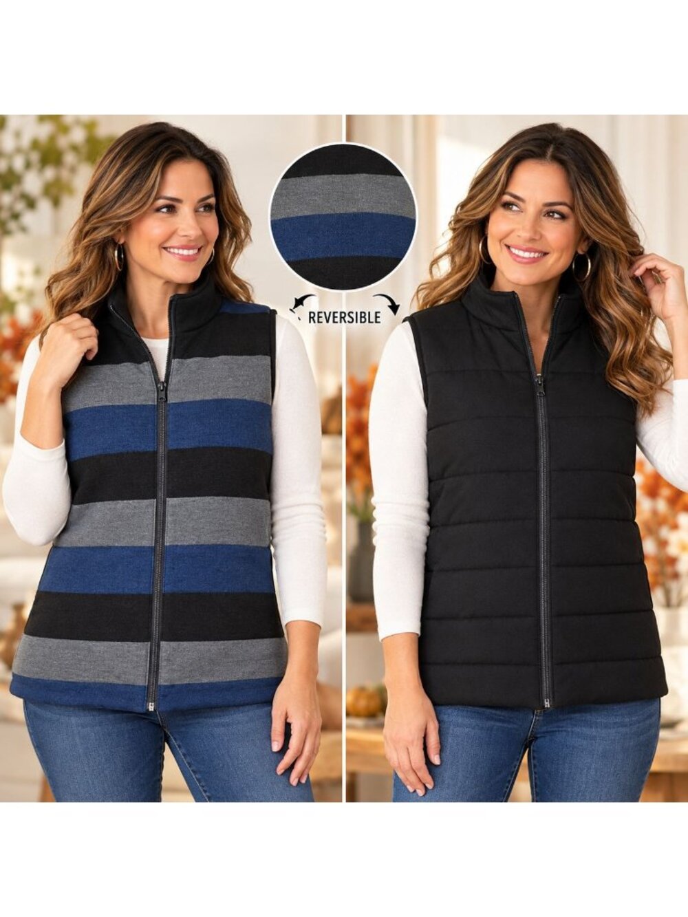 Lynn Ritchie Silver Womens M Reversible Vest Black Blue Stripe Full Zip Quilted